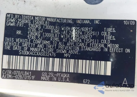 2010 Toyota Sienna Xle z USA, uszkodzony, nr VIN 5TDDK4CCXAS032476